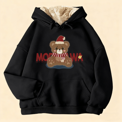 MODAKAWA クリスマスベアグラフィック 厚手フリース裏地冬パーカー - Black - 2XL - image 1