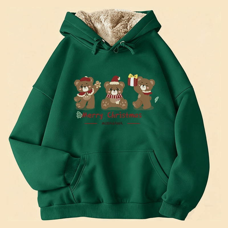 MODAKAWA クリスマスベア3匹のグラフィック 厚手フリース裏地冬パーカー - Green - 2XL - image 1