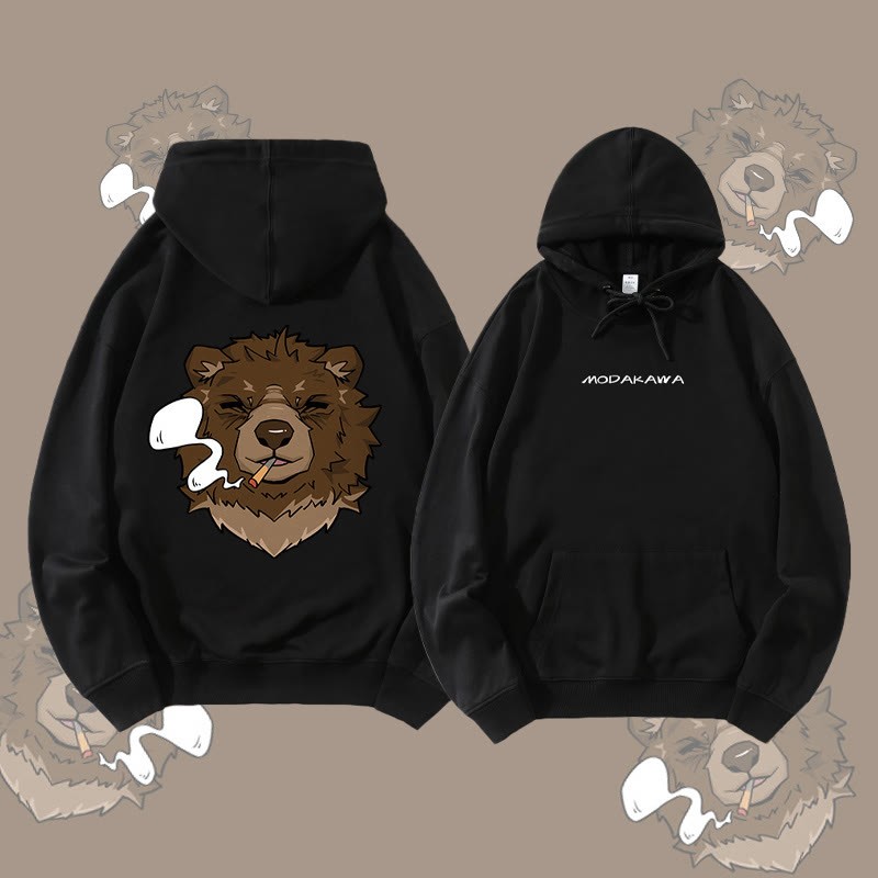 MODAKAWA スモーキングベア グラフィック ストリートウェア プルオーバー パーカー - Black - 5XL - image 1
