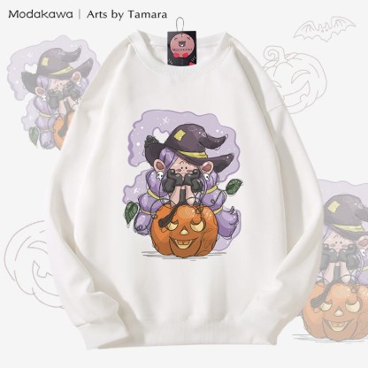MODAKAWA X Arts by Tamara 魔女パンプキン ハロウィン グラフィック ユニセックス スウェットシャツ - White - 5XL - image 3