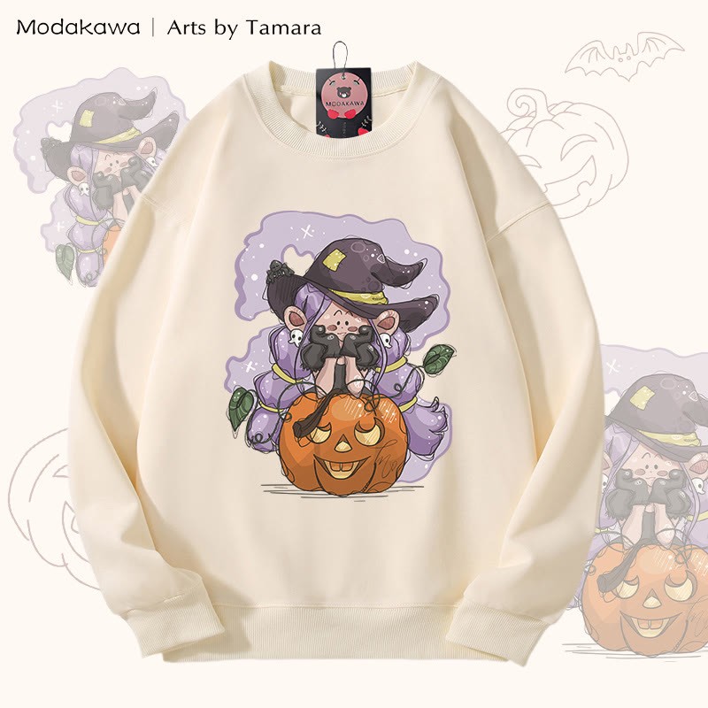 MODAKAWA X Arts by Tamara 魔女パンプキン ハロウィン グラフィック ユニセックス スウェットシャツ - Beige - 5XL - image 1