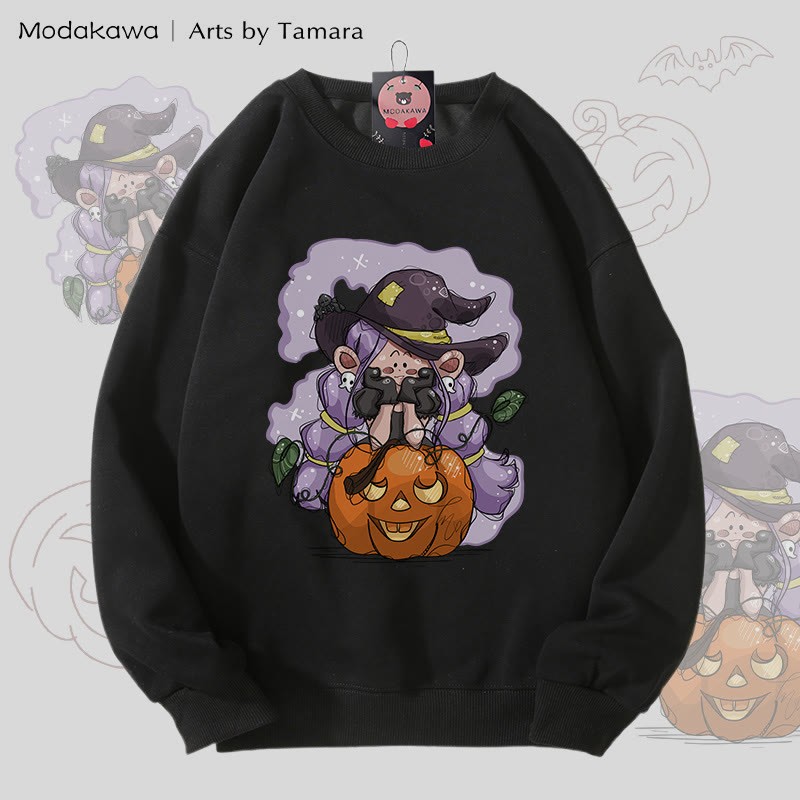 MODAKAWA X Arts by Tamara 魔女パンプキン ハロウィン グラフィック ユニセックス スウェットシャツ - Black - 5XL - image 4