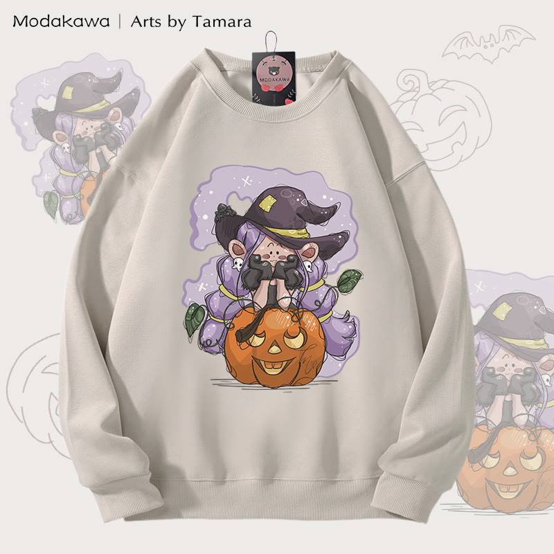 MODAKAWA X Arts by Tamara 魔女パンプキン ハロウィン グラフィック ユニセックス スウェットシャツ - Light Beige - 5XL - image 2