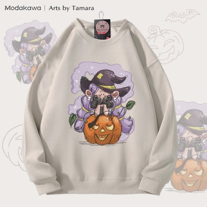 MODAKAWA X Arts by Tamara 魔女パンプキン ハロウィン グラフィック ユニセックス スウェットシャツ - Light Beige - 5XL - image 2