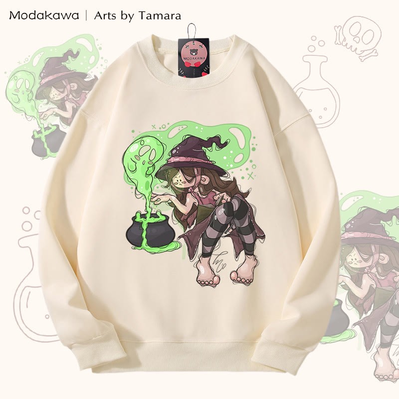 MODAKAWA X Arts by Tamara メイキングポーションウィッチ ハロウィン グラフィック ユニセックス スウェットシャツ - Beige - 5XL - image 1