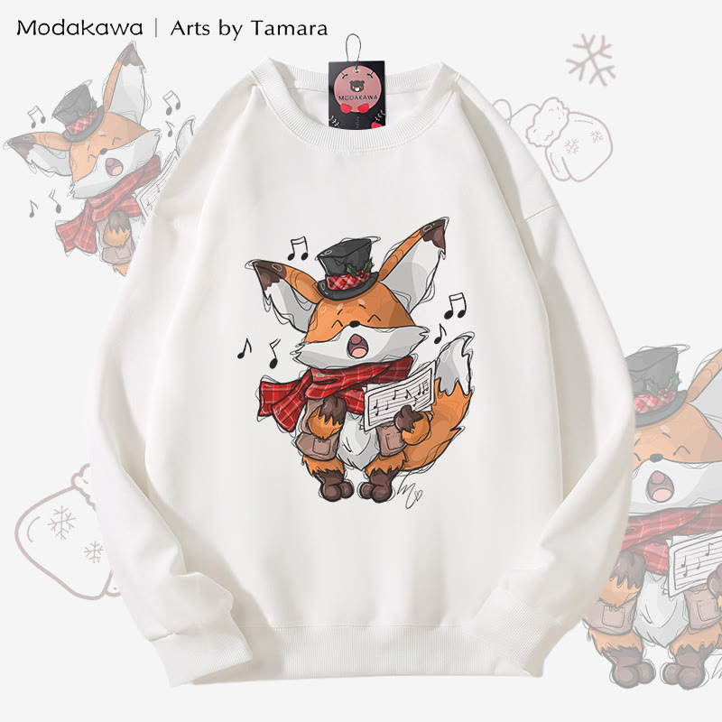 MODAKAWA X Arts by Tamara Singing Fox クリスマス グラフィック ユニセックス スウェットシャツ - White - 5XL - image 1