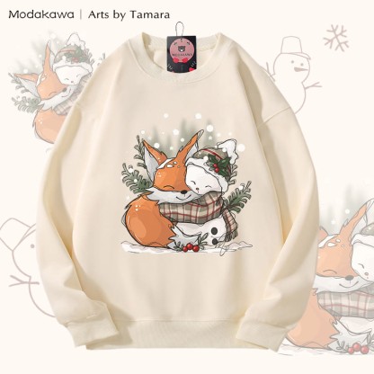 MODAKAWA X Arts by Tamara Fox 雪だるまを抱きしめるクリスマスグラフィック ユニセックス スウェットシャツ - Beige - 5XL - image 2