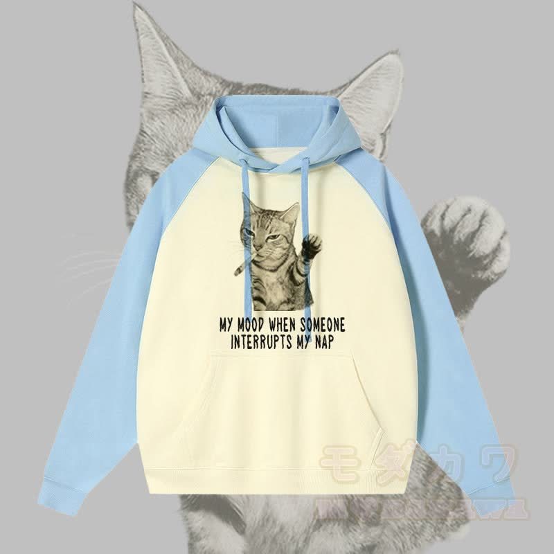 誰かが昼寝を邪魔したときの気分 スモーキングキャットグラフィックストリートウェアカラーブロックパーカー - 青 - 3XL - image 2