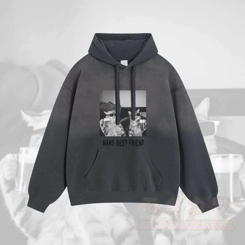 MANS BEST FRIEND ワインを飲む猫のグラフィックグラデーションストリートウェアパーカー - ダークグレー - 2XL - image 2