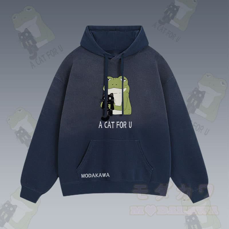 A CAT FOR U カエルを抱きしめる黒猫グラフィック グラデーション ストリートウェア パーカー - 紫がかった青 - 2XL - image 4