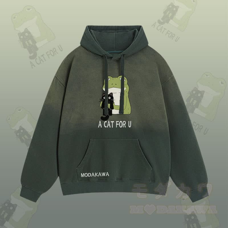 A CAT FOR U カエルを抱きしめる黒猫グラフィック グラデーション ストリートウェア パーカー - 緑 - 2XL - image 2