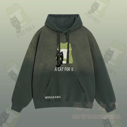 A CAT FOR U カエルを抱きしめる黒猫グラフィック グラデーション ストリートウェア パーカー - 緑 - 2XL - image 2