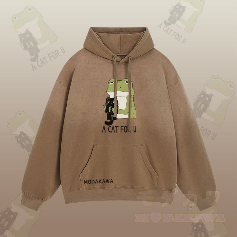 A CAT FOR U カエルを抱きしめる黒猫グラフィック グラデーション ストリートウェア パーカー - 茶色 - 2XL - image 1