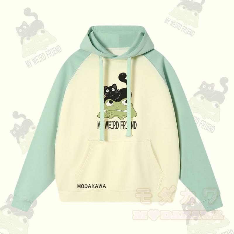 MY WEIRD FRIEND ブラックキャットフロッググラフィックストリートウェアカラーブロックパーカー - ライトグリーン＆アプリコット - 3XL - image 2