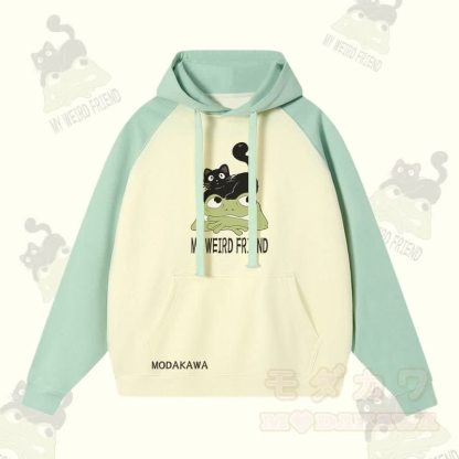 MY WEIRD FRIEND ブラックキャットフロッググラフィックストリートウェアカラーブロックパーカー - ライトグリーン＆アプリコット - 3XL - image 2