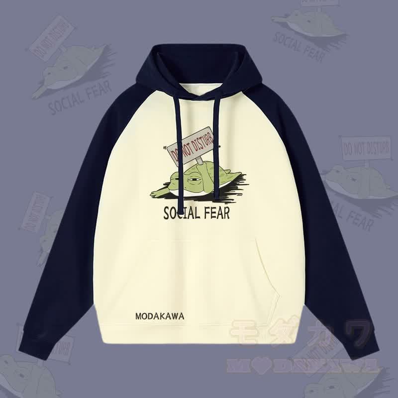 DO NOT DISTURB SOCIAL FEAR カエルグラフィック ストリートウェアカラーブロック パーカー - パープリッシュブルー＆アプリコット - 3XL - image 2