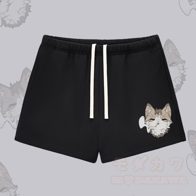 MODAKAWA スモーキングキャットグラフィック 厚手裏起毛ショートパンツ - 黒 - L - image 2