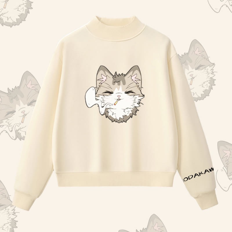 MODAKAWA スモーキングキャットグラフィック 裏起毛スウェットシャツ - Apricot - L - image 1