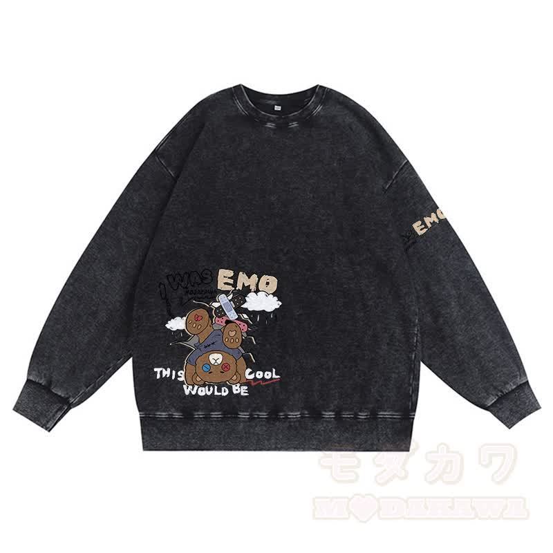 MODAKAWA I WAS EMO 逆さまクマ グラフィック ユニセックス ヴィンテージ ウォッシュド スウェットシャツ - 黒 - 3XL - image 2