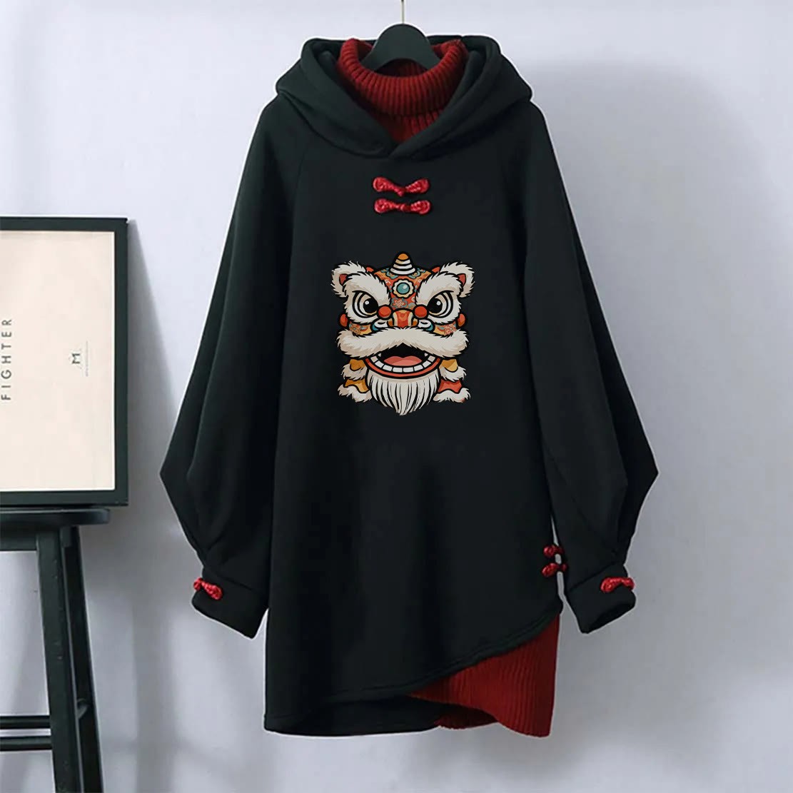 MODAKAWA ライオンヘッドグラフィックバックルヴィンテージフード付きスウェットシャツドレス - Black - 3XL - image 1