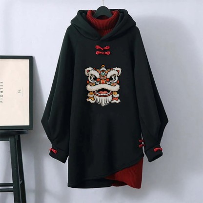MODAKAWA ライオンヘッドグラフィックバックルヴィンテージフード付きスウェットシャツドレス - Black - 3XL - image 1