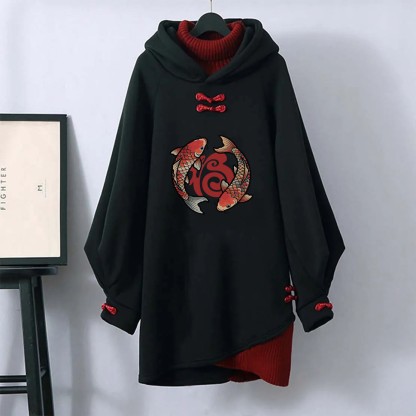 MODAKAWA 鯉のグラフィックバックル ヴィンテージ フード付きスウェットシャツドレス - Black - 3XL - image 1