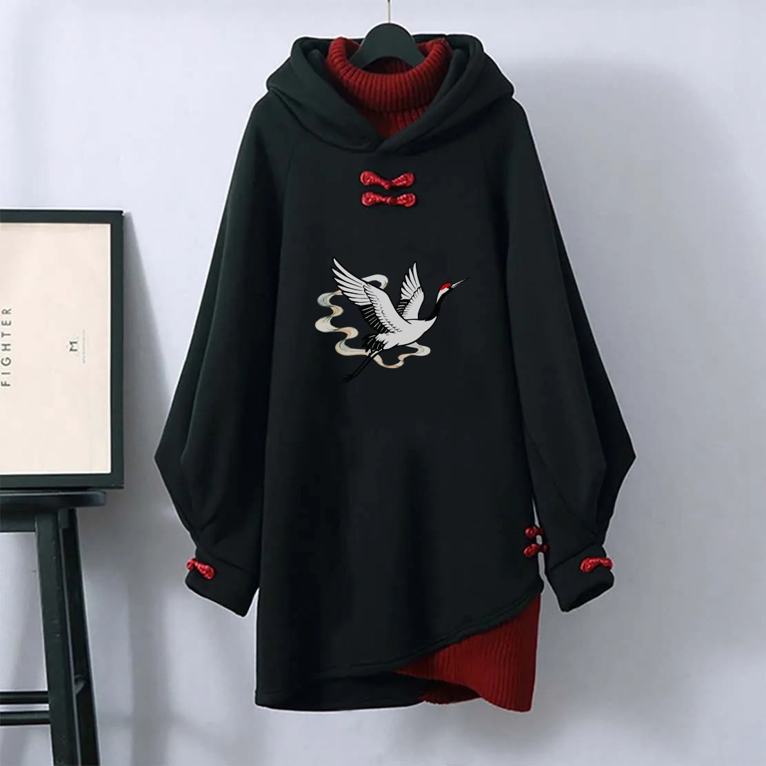 MODAKAWA フライングクレーン グラフィック バックル ヴィンテージ フード付き スウェットシャツ ドレス - Black - 3XL - image 1