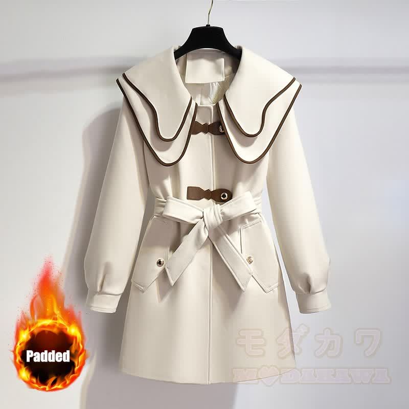 襟付きベルト付きパッド入りコート - ベージュ - XL - image 1