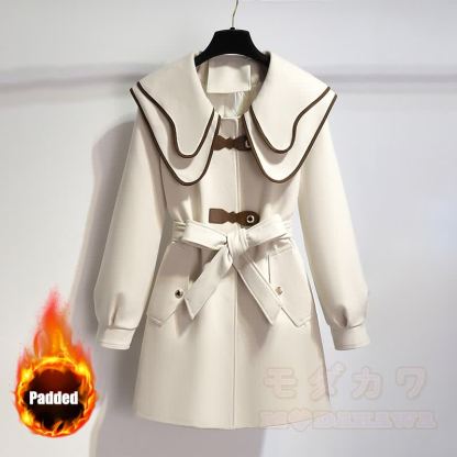 襟付きベルト付きパッド入りコート - ベージュ - XL - image 1