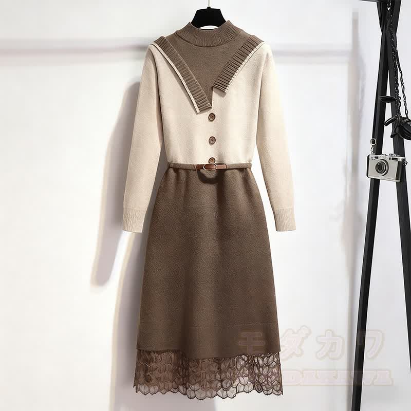 レースニットベルトセータードレス - 茶色 - XL - image 1