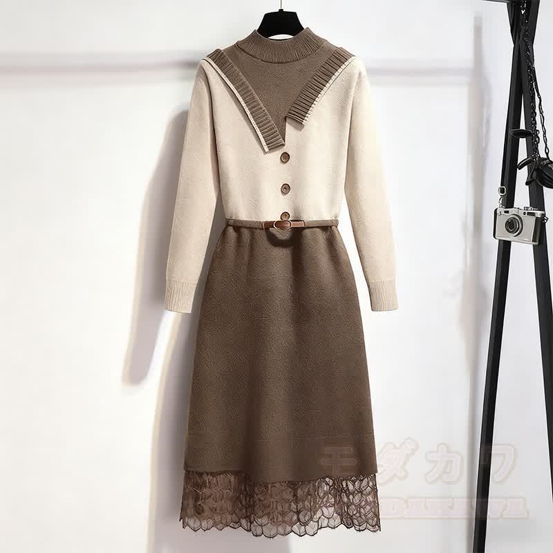 レースニットベルトセータードレス - 茶色 - XL - image 1