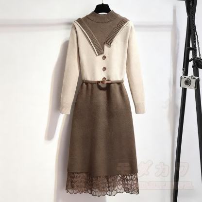 レースニットベルトセータードレス - 茶色 - XL - image 1