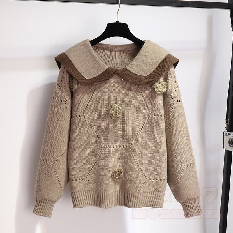 3Dフラワーニットセーターベルトスカートツーピース - セーター - XL - image 2