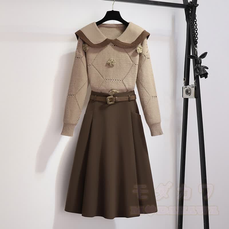 3Dフラワーニットセーターベルトスカートツーピース - セット - XL - image 1