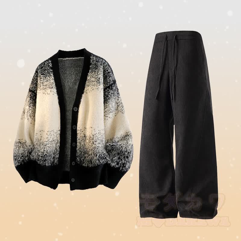 グラデーションニットカーディガン セーター ポケットパンツ ツーピース - セットA - 3XL - image 1