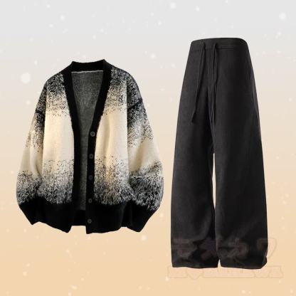 グラデーションニットカーディガン セーター ポケットパンツ ツーピース - セットA - 3XL - image 1