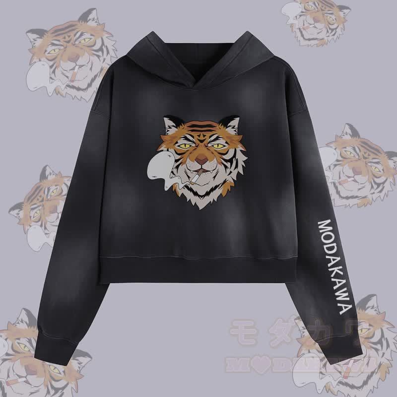 MODAKAWA スモーキングタイガーグラフィック ユニセックス ヴィンテージウォッシュドパーカー - 黒 - XL - image 1