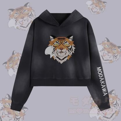 MODAKAWA スモーキングタイガーグラフィック ユニセックス ヴィンテージウォッシュドパーカー - 黒 - XL - image 1