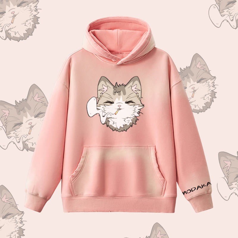 MODAKAWA スモーキングキャットグラフィック ヴィンテージウォッシュドフリース裏毛パーカー - Pink - 2XL - image 3