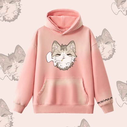 MODAKAWA スモーキングキャットグラフィック ヴィンテージウォッシュドフリース裏毛パーカー - Pink - 2XL - image 3