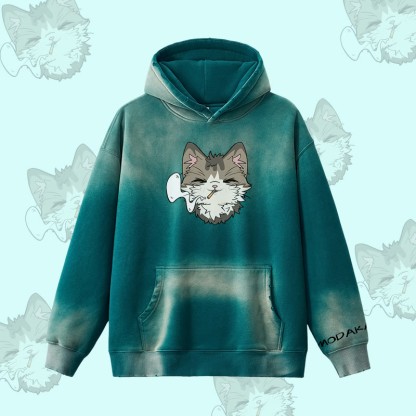 MODAKAWA スモーキングキャットグラフィック ヴィンテージウォッシュドフリース裏毛パーカー - Green - 2XL - image 6