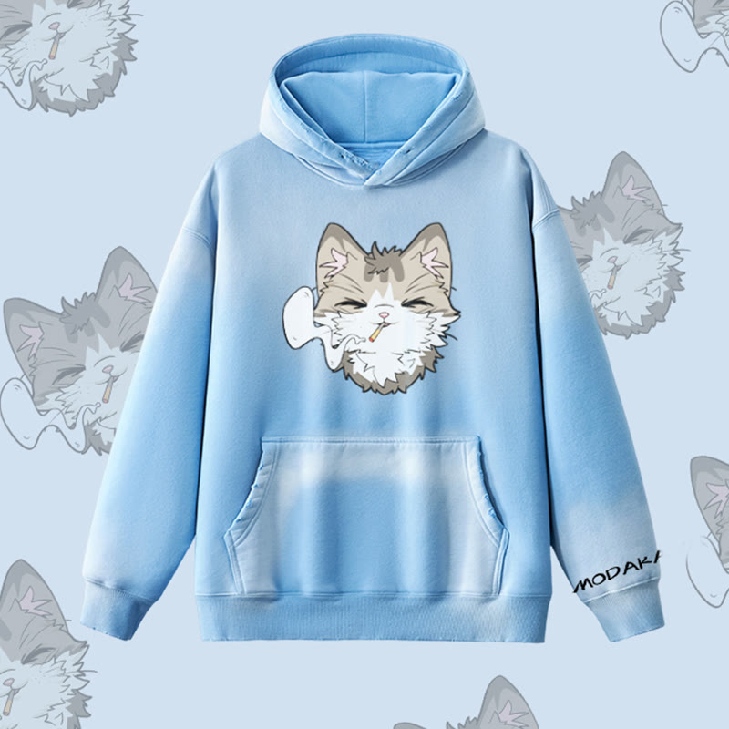 MODAKAWA スモーキングキャットグラフィック ヴィンテージウォッシュドフリース裏毛パーカー - Blue - 2XL - image 1