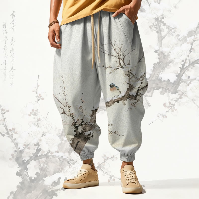 MODAKAWA冬鳥と梅の枝 総柄プリント ドローストリング ラウンジパンツ - Apricot - 5XL - image 1