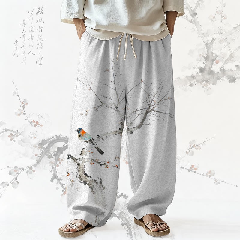 MODAKAWA 梅の枝に鳥が描かれた総柄ワイドレッグパンツ - White - 4XL - image 1