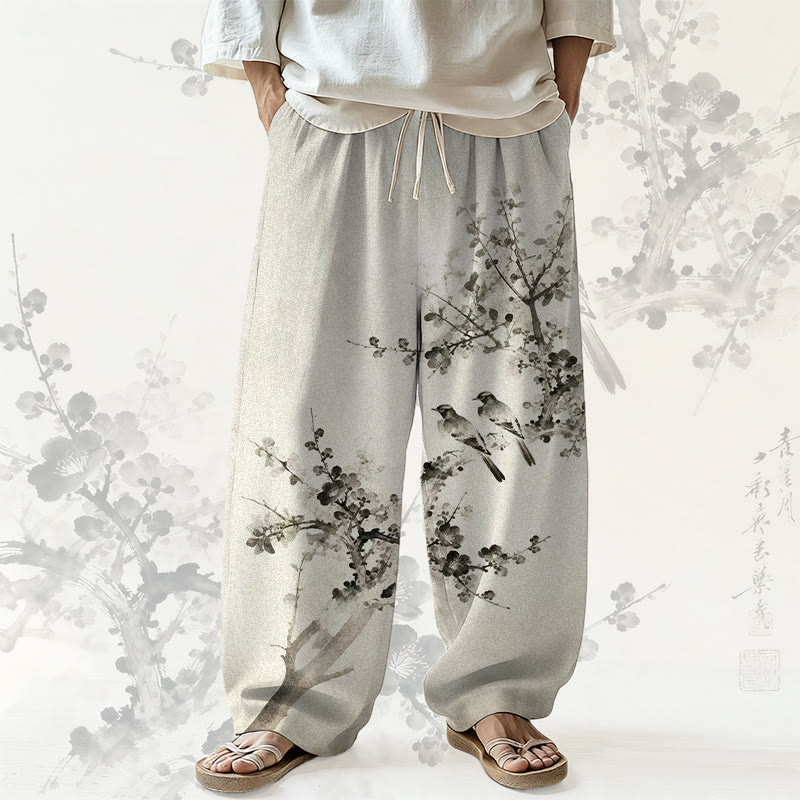 MODAKAWA 墨絵 梅に二羽の鳥 総柄 ワイドレッグパンツ - Apricot - 5XL - image 1