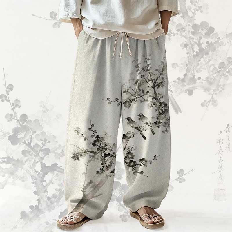 MODAKAWA 墨絵 梅に二羽の鳥 総柄 ワイドレッグパンツ - Apricot - 5XL - image 1