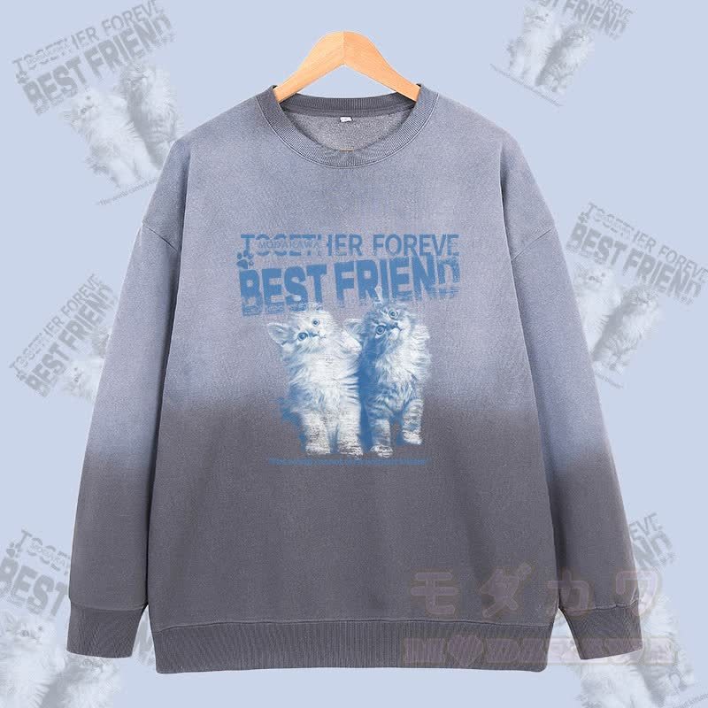 MODAKAWA BEST FRIEND キャットグラフィック ヴィンテージウォッシュドグラデーション ユニセックス スウェットシャツ - グレー - 2XL - image 1