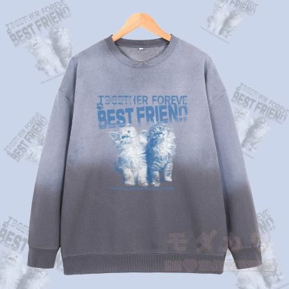 MODAKAWA BEST FRIEND キャットグラフィック ヴィンテージウォッシュドグラデーション ユニセックス スウェットシャツ - グレー - 2XL - image 1
