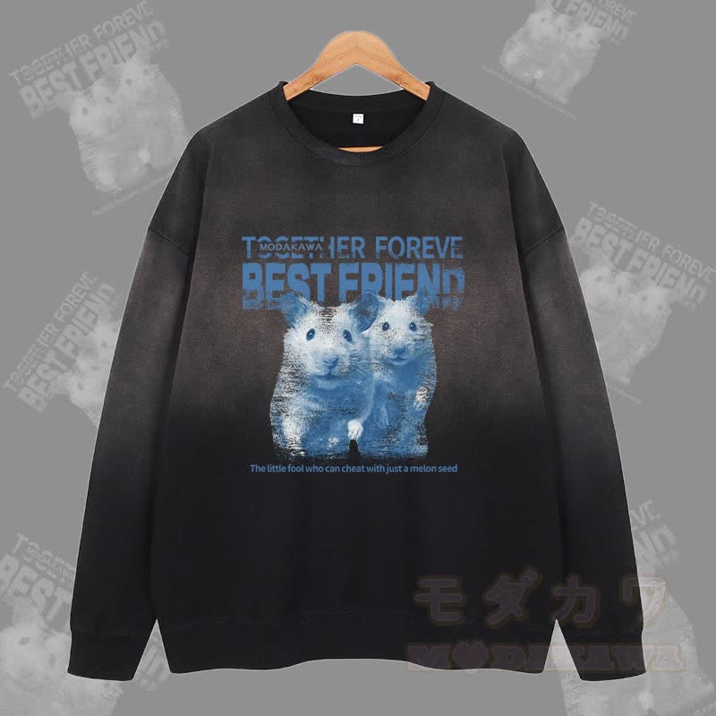 MODAKAWA BEST FRIEND ハムスターグラフィック ヴィンテージウォッシュドグラデーション ユニセックス スウェットシャツ - 黒 - 2XL - image 1