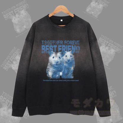 MODAKAWA BEST FRIEND ハムスターグラフィック ヴィンテージウォッシュドグラデーション ユニセックス スウェットシャツ - 黒 - 2XL - image 1